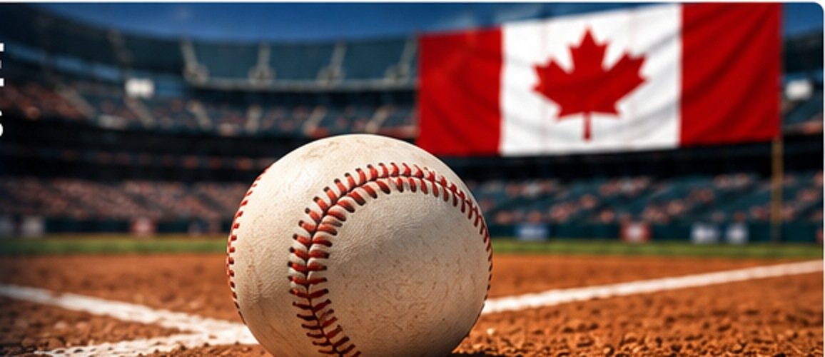 Baseball in a night stadium with a Canadian flag